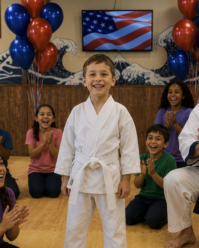 Birthday star in karate uniform with friends cheering