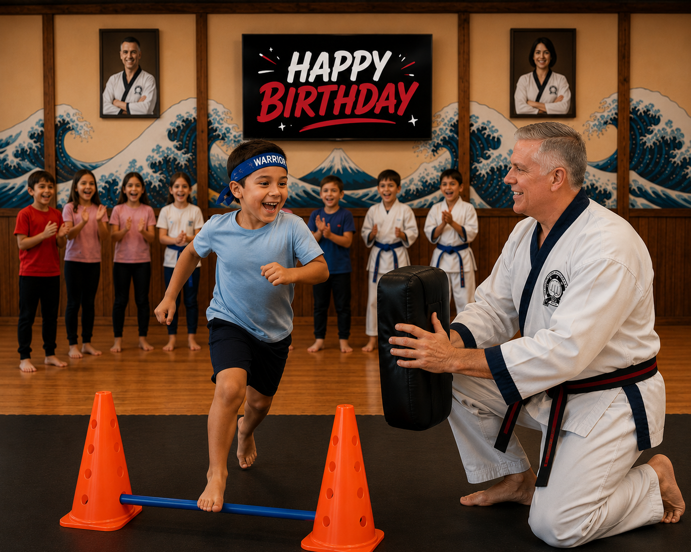 Kids cheering as a young birthday warrior charges a padded target