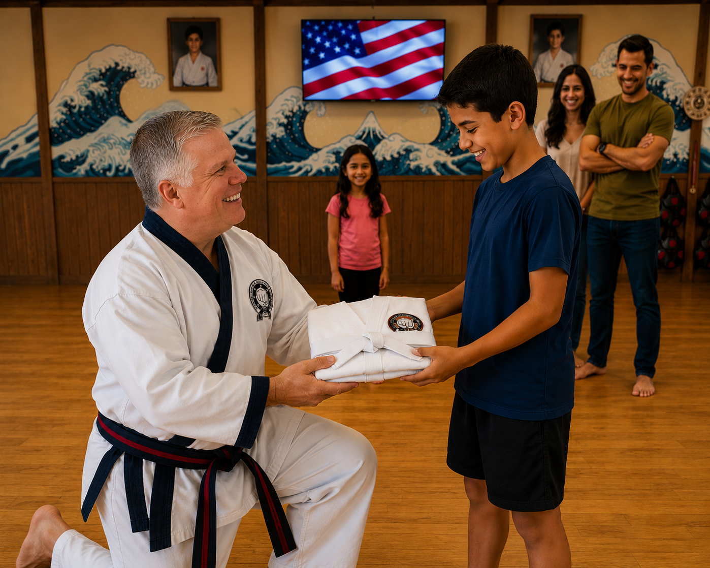 Instructor presenting a uniform and gift to the birthday child
