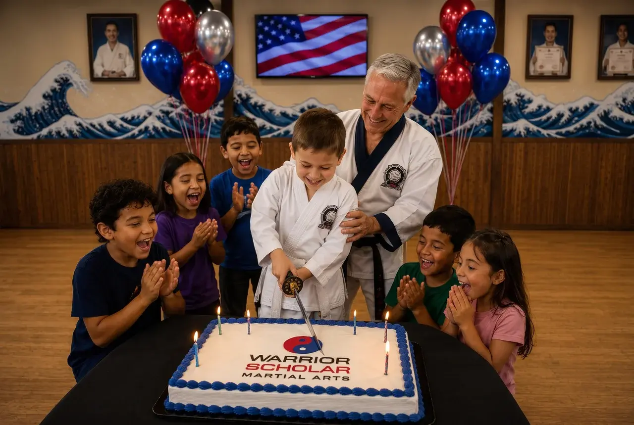 Birthday child cutting cake with a samurai sword
